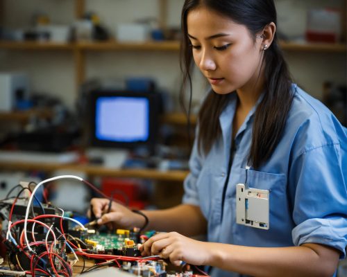 An electronics engineer girl assembles an electron (1)