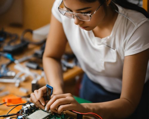 An electronics engineer girl assembles an electron