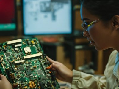 An electronics engineer girl disassembles an elect