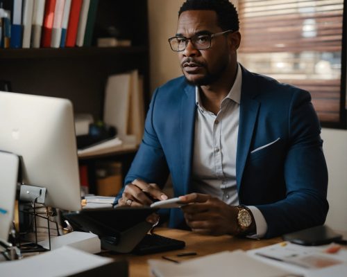Frustrated black business owner in his office