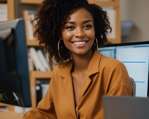 Stunning brown lady sitting in the office smiling