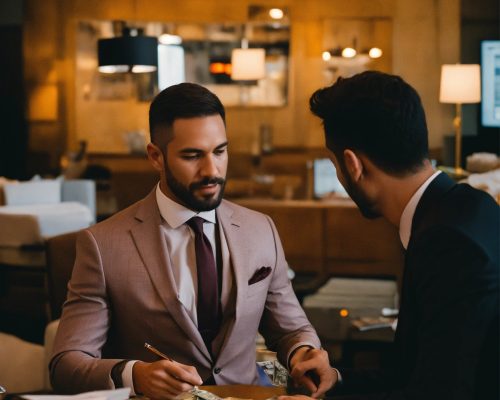 a man paying money to a financial expert in a suit