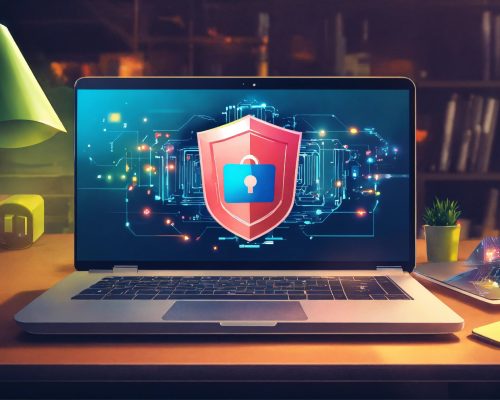 create cyber shield on laptop illustration in offi