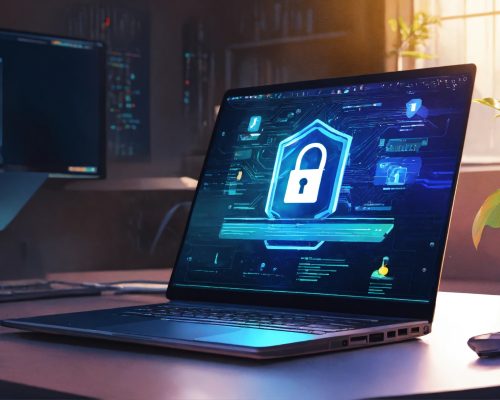 cyber security laptop on desk illustration