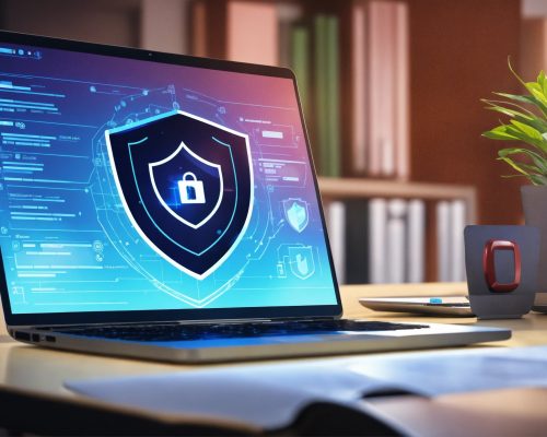 cyber shield on laptop in office illustration